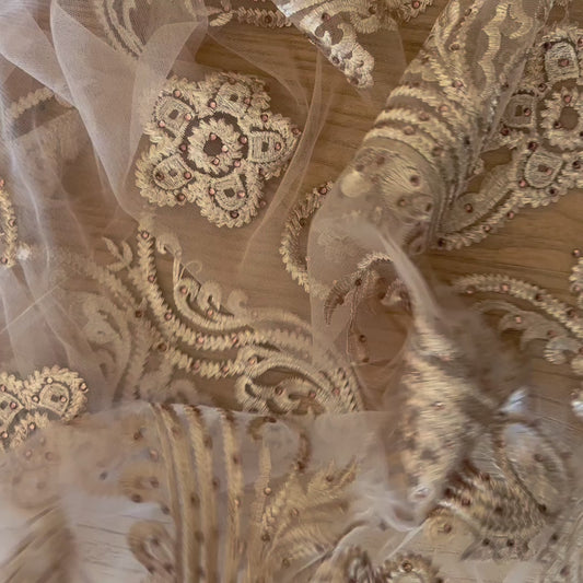 1.2m Bronze metallic embroidered diamanté tulle Nylon Lurex