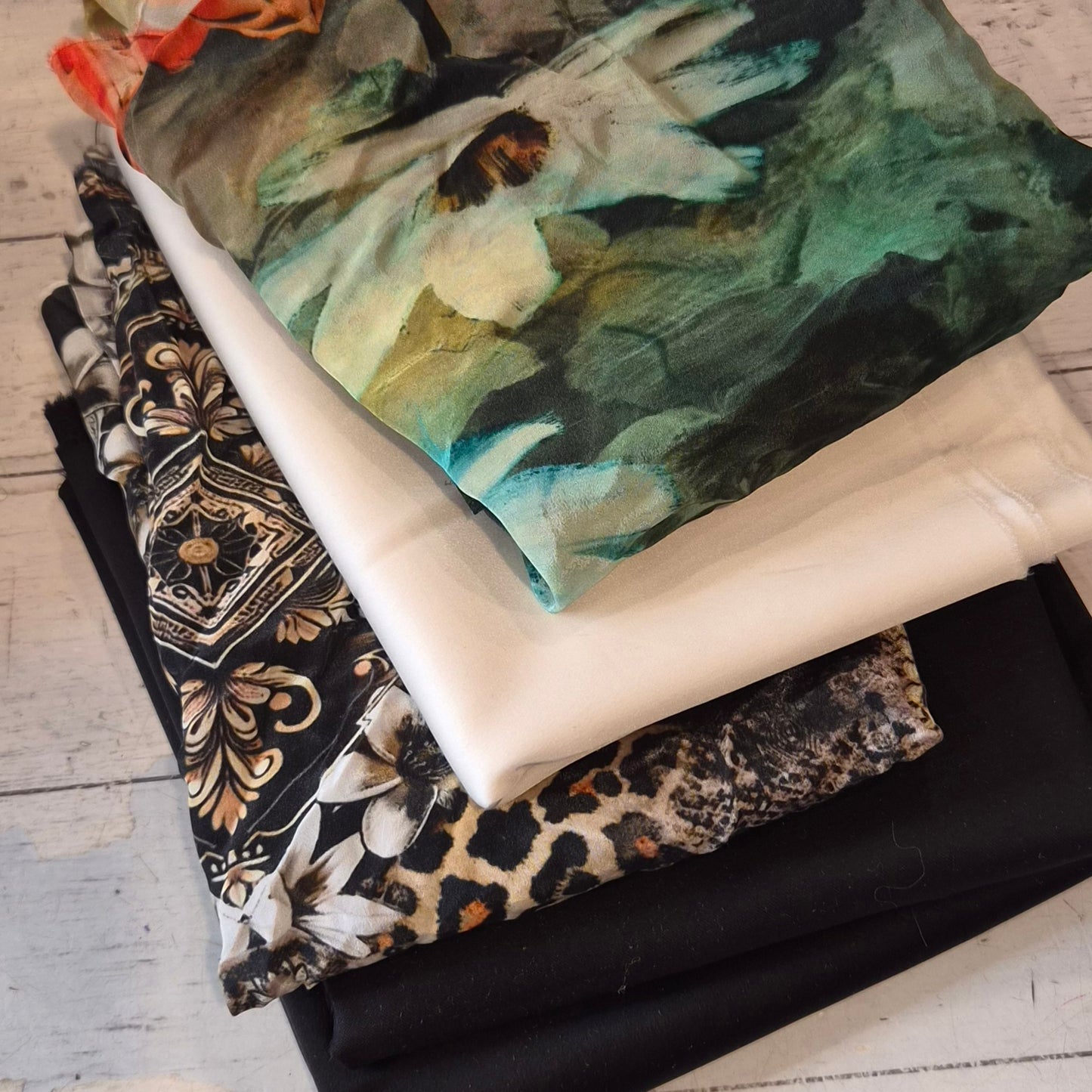 134. 6 pieces assorted sequin mesh, silk satin, crepe de chine and satin
