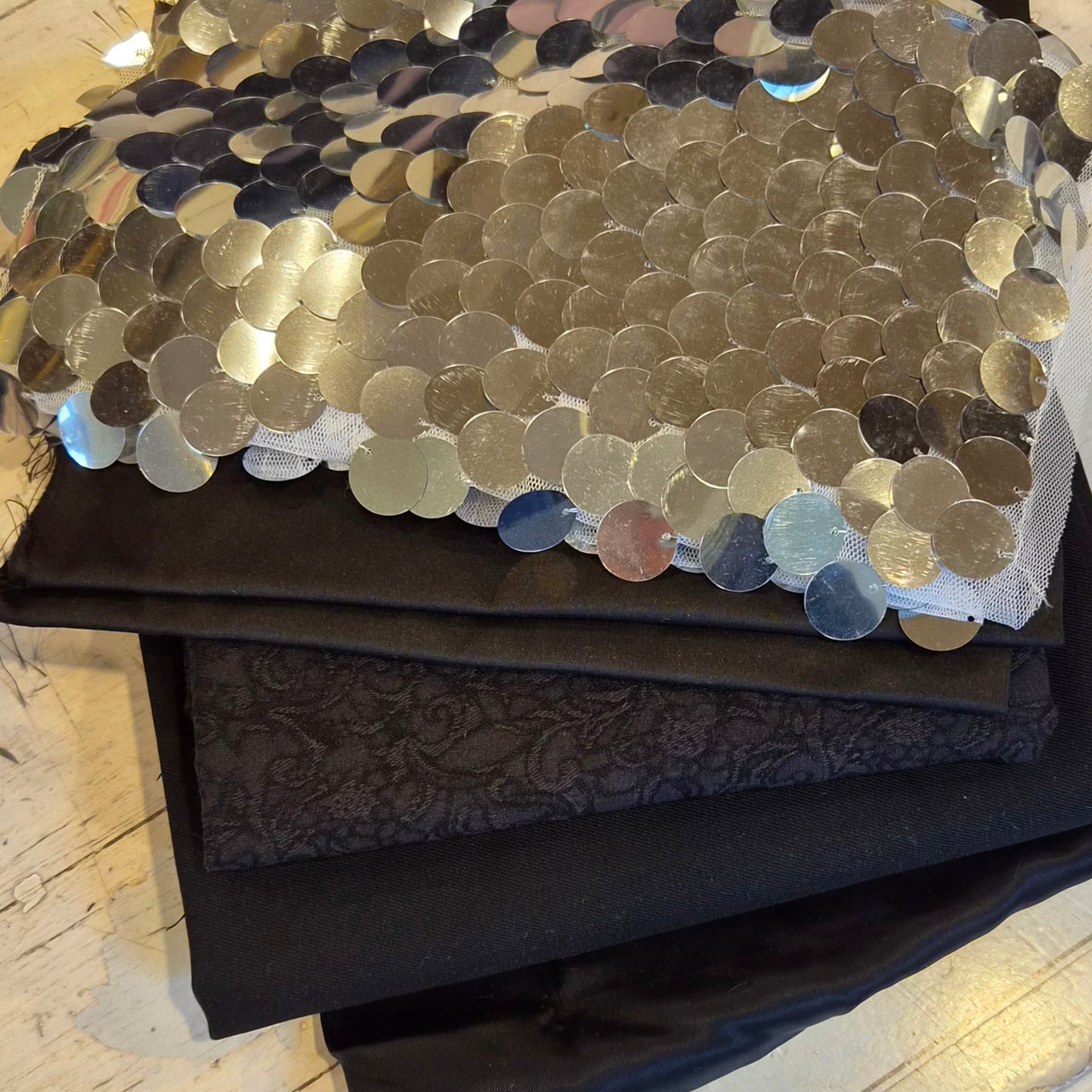 2. 5 pieces assorted brocade, sequin and satin