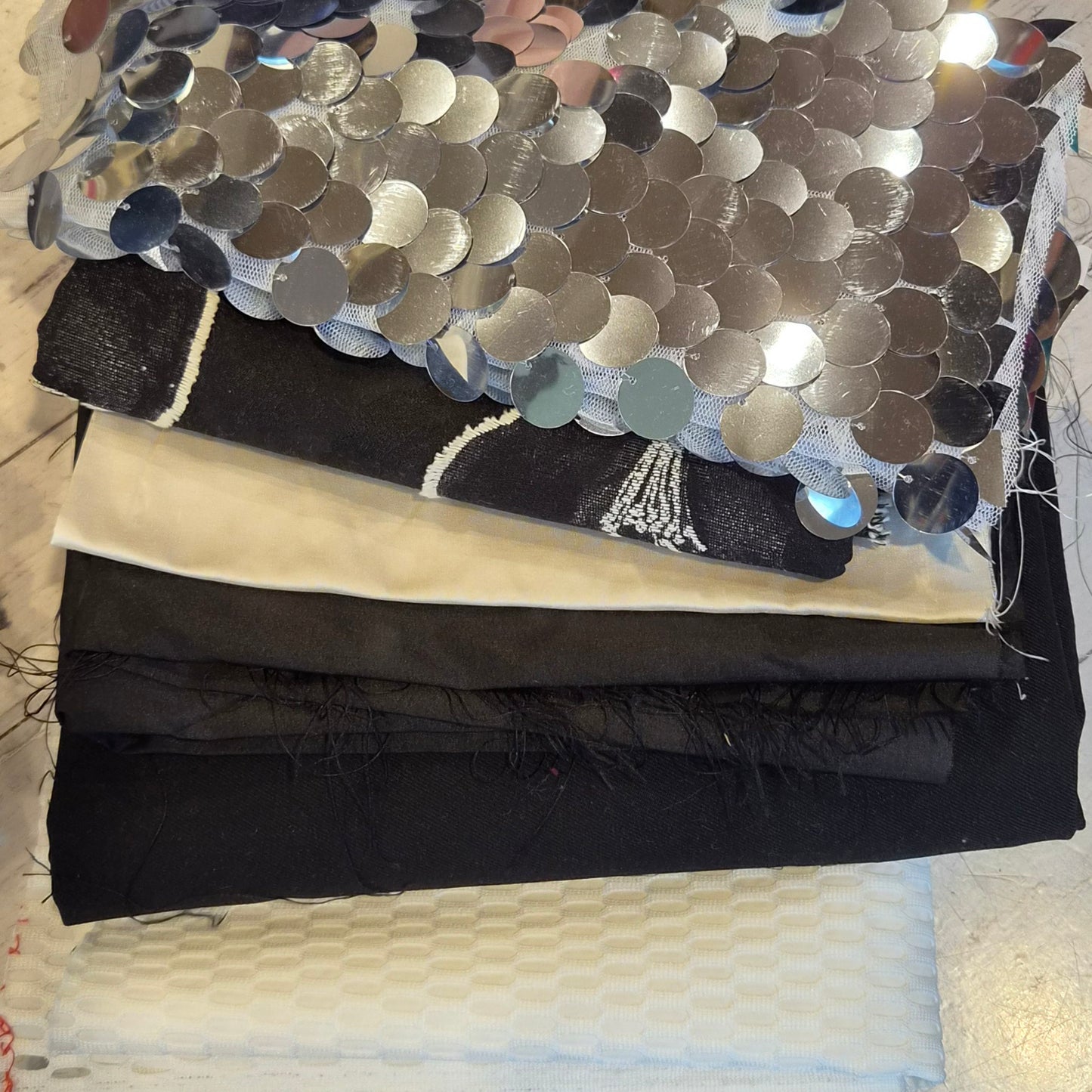 5. 6 pieces assorted brocade, sequin, taffeta and suiting
