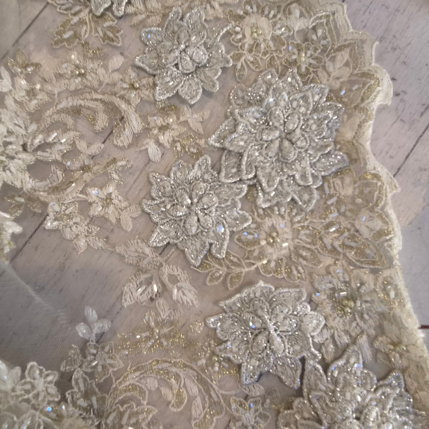 2m Gold and silver heavily beaded embroidered mesh