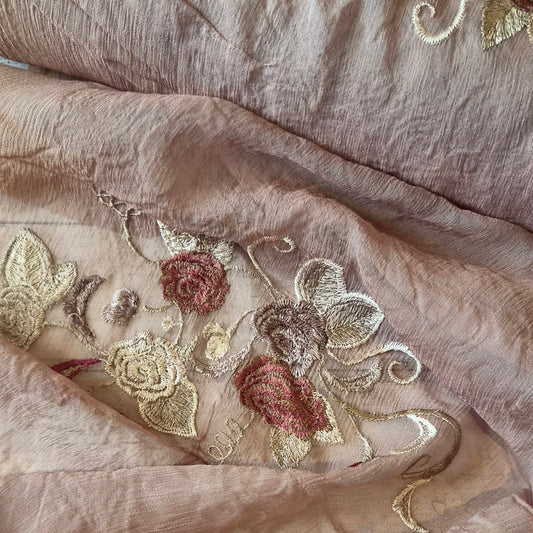 Embroidered cinnamon silk georgette