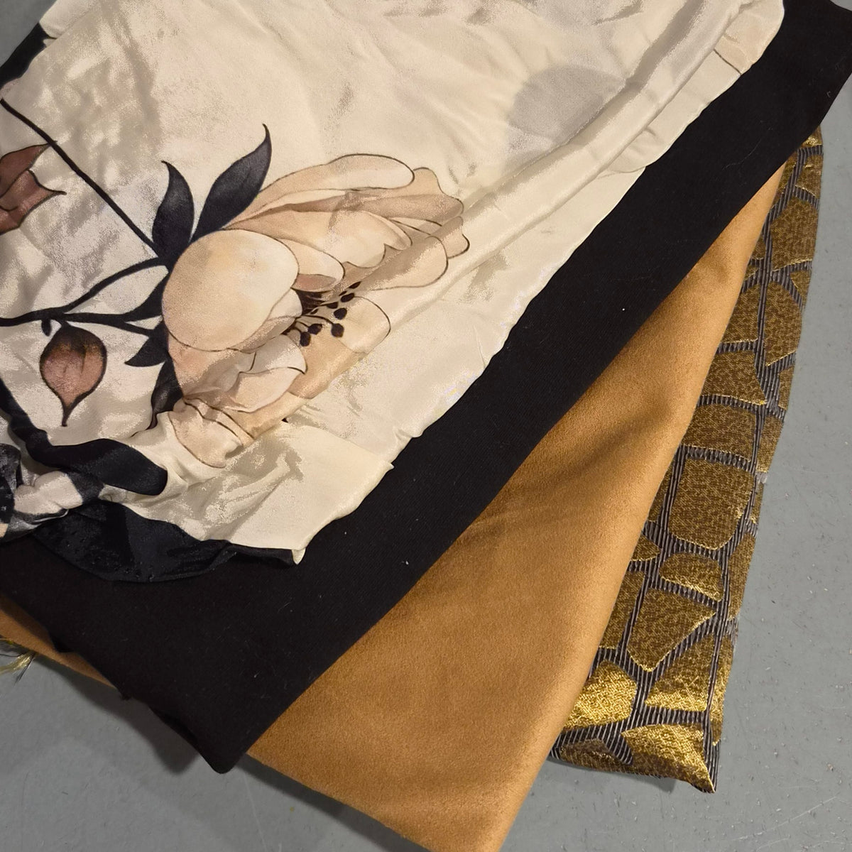3. 5 pieces assorted fabric brocade, faux suede, polyester