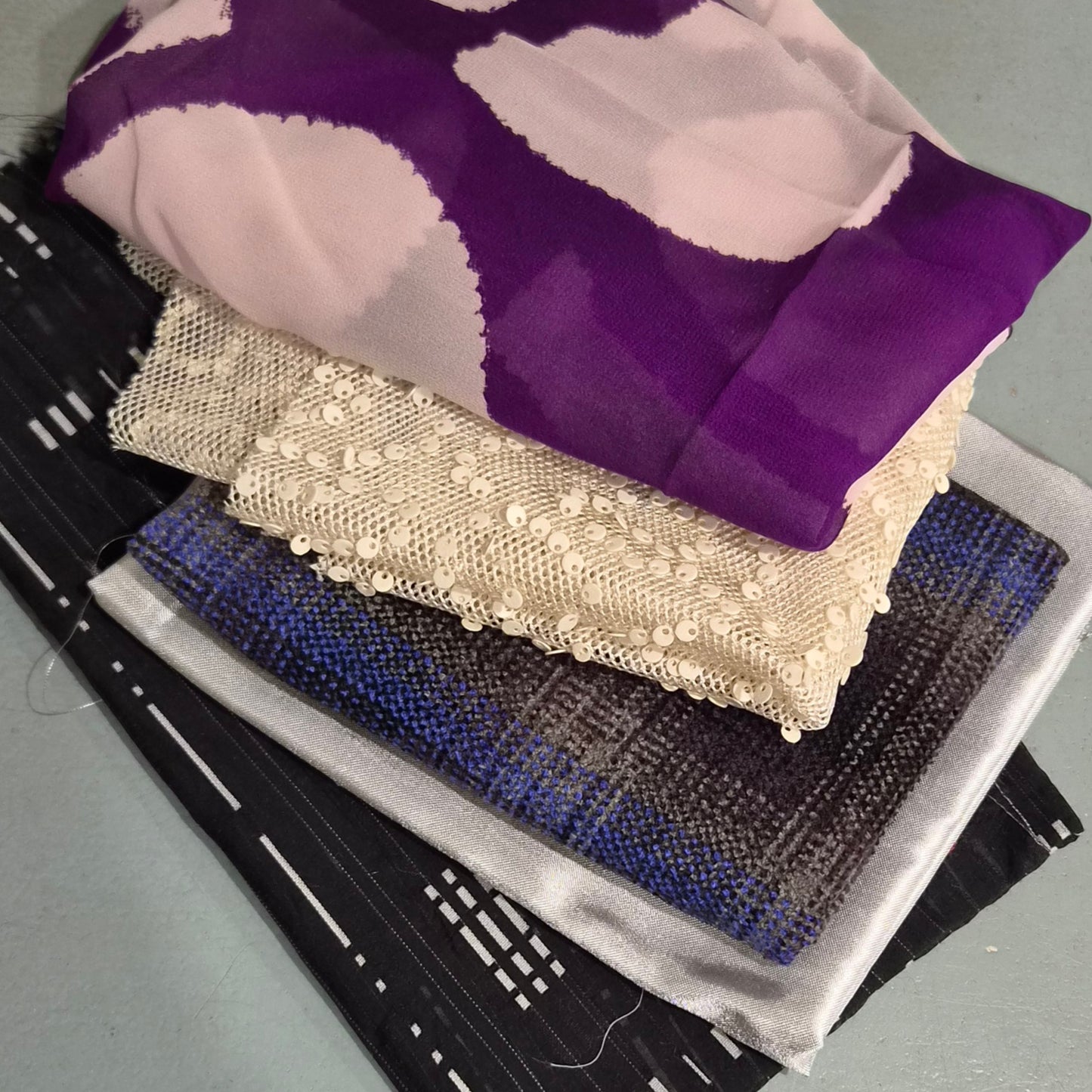13. 5 pieces assorted silk and polyester fabrics