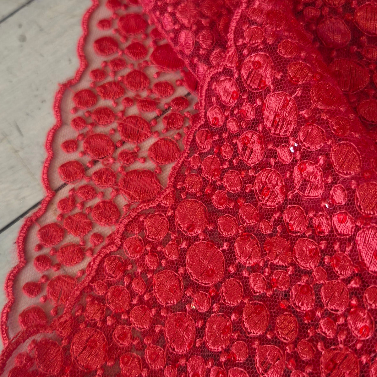 Deep coral embroidered mesh