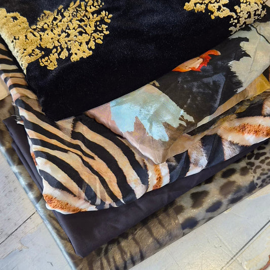 128.. 5 pieces assorted stretch velour, crepe de chine and waterproof fabric