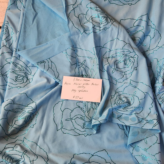 3.8m Aqua floral glitter foiled jersey