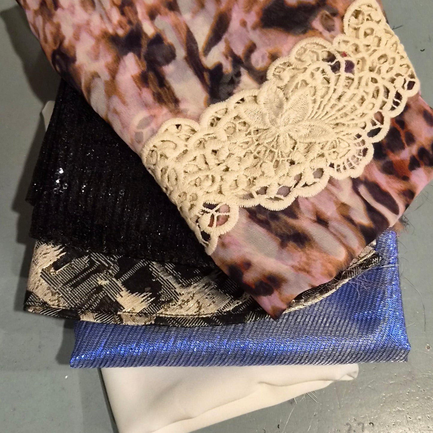 38. 5 pieces assorted brocade, sequin mesh and georgette