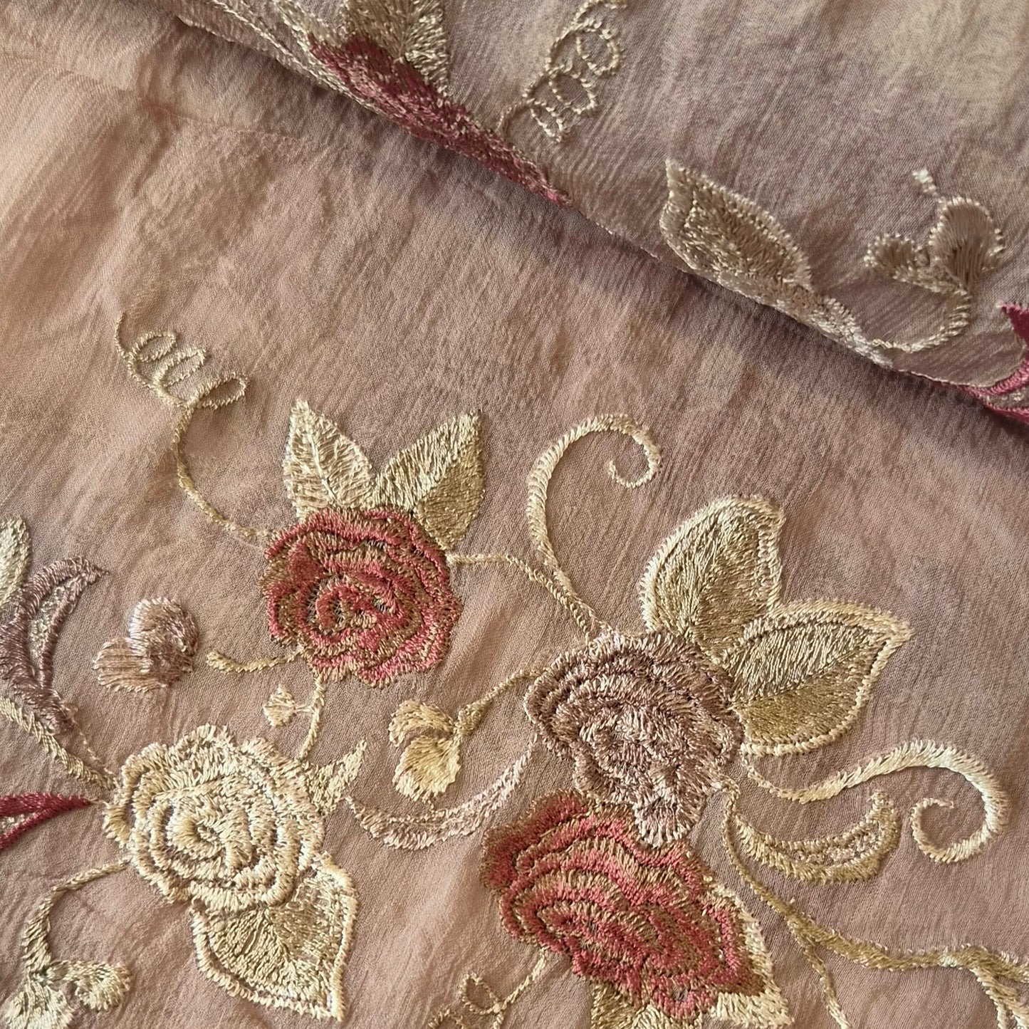 Embroidered cinnamon silk georgette