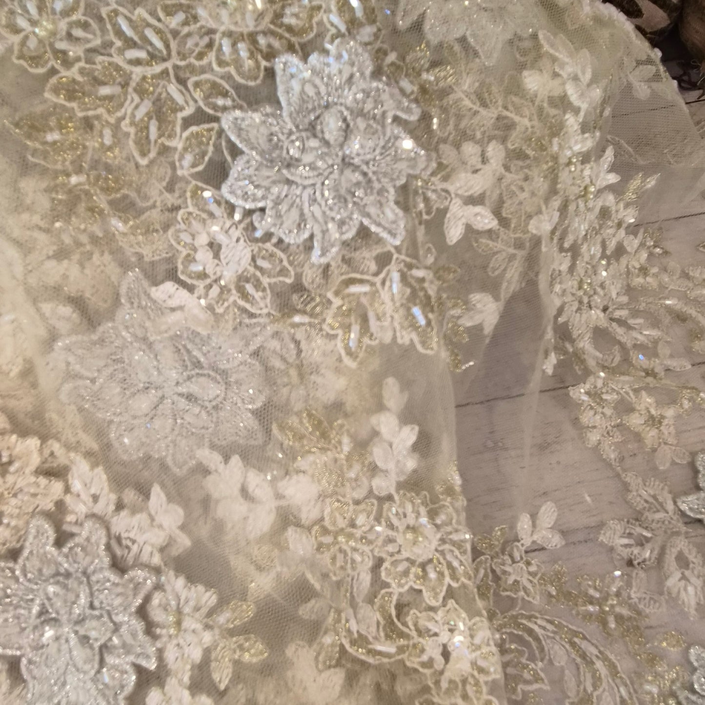 2m Gold and silver heavily beaded embroidered mesh