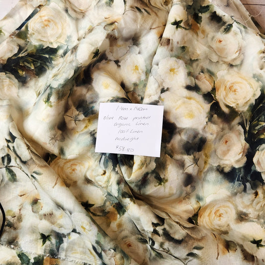 1.4m Olive Rose printed Organic Linen