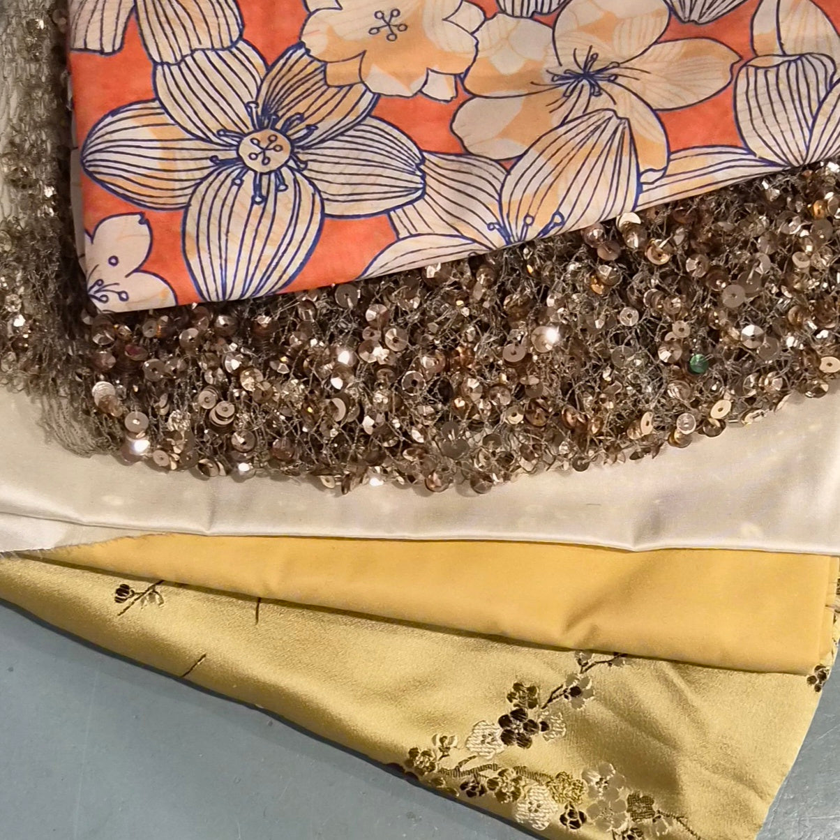 7. 5 pieces assorted cotton, brocade ,viscose satin, sequin mesh