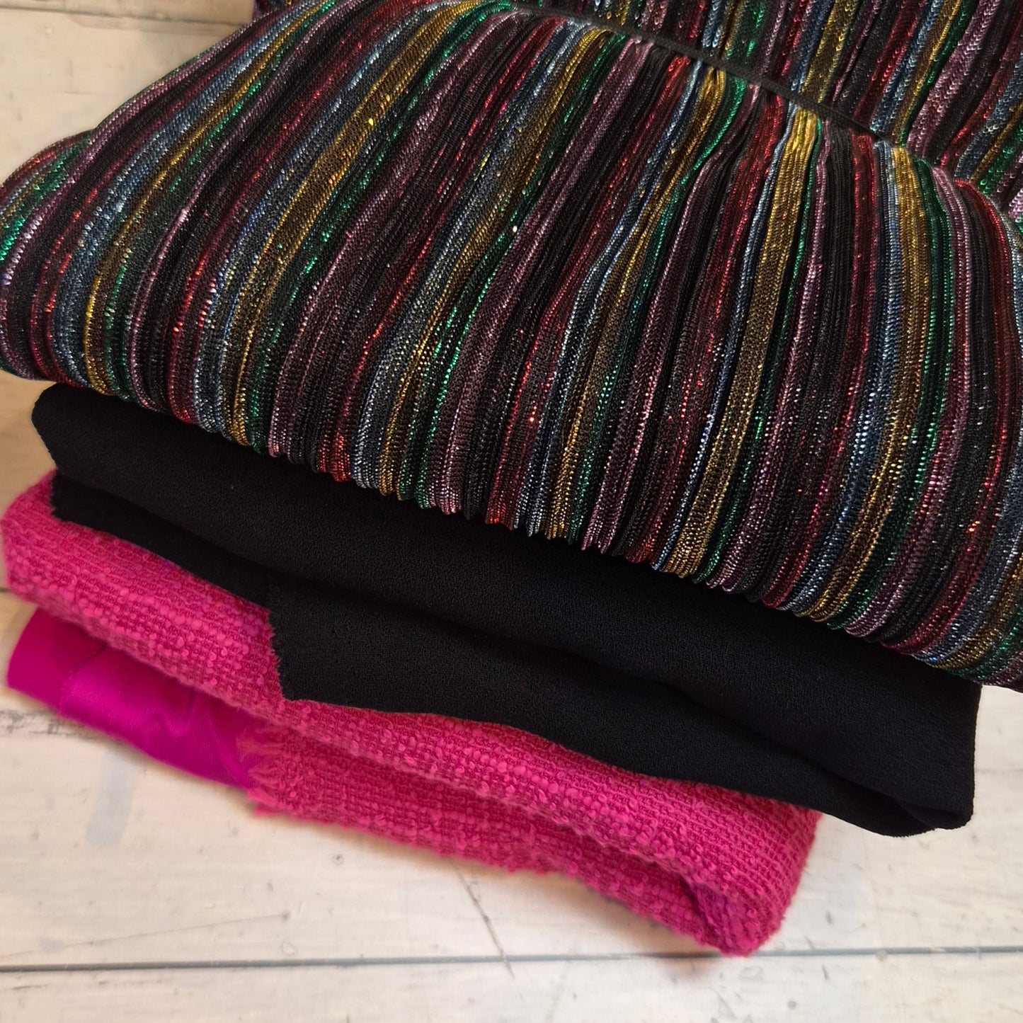 84. 3 pieces assorted lurex knit, boucle and suiting