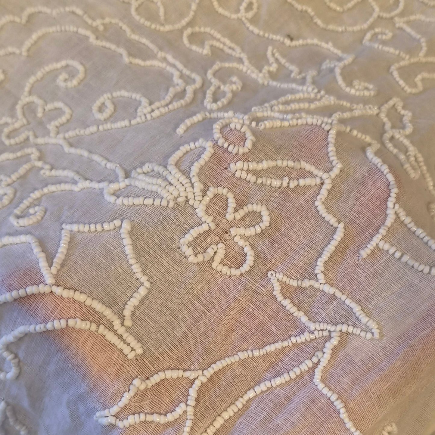 2.5m plus end white seed beaded cotton voile